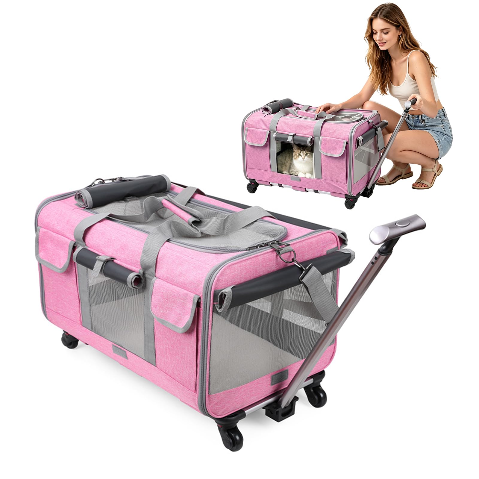 PETCUTE Pet Carrier with Wheels Load of 17.5 kg, Breathable Pet Carrier with Telescopic Handle, Foldable Dog Cat Carrier with Removable Mat, Airline Approved