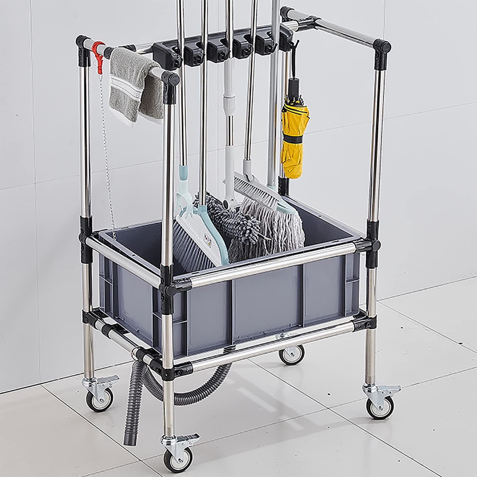 Besenhalterung,Mopp Besen Halter Veranstalter,304 Edelstahl Gerätehalter Besen Mop Halter,Garten Werkzeug Aufbewahrung Garage,Besenstiel Aufhänger,Edelstahl,mit 5 Racks 6 Haken,für Küchenbüro Wäsche
