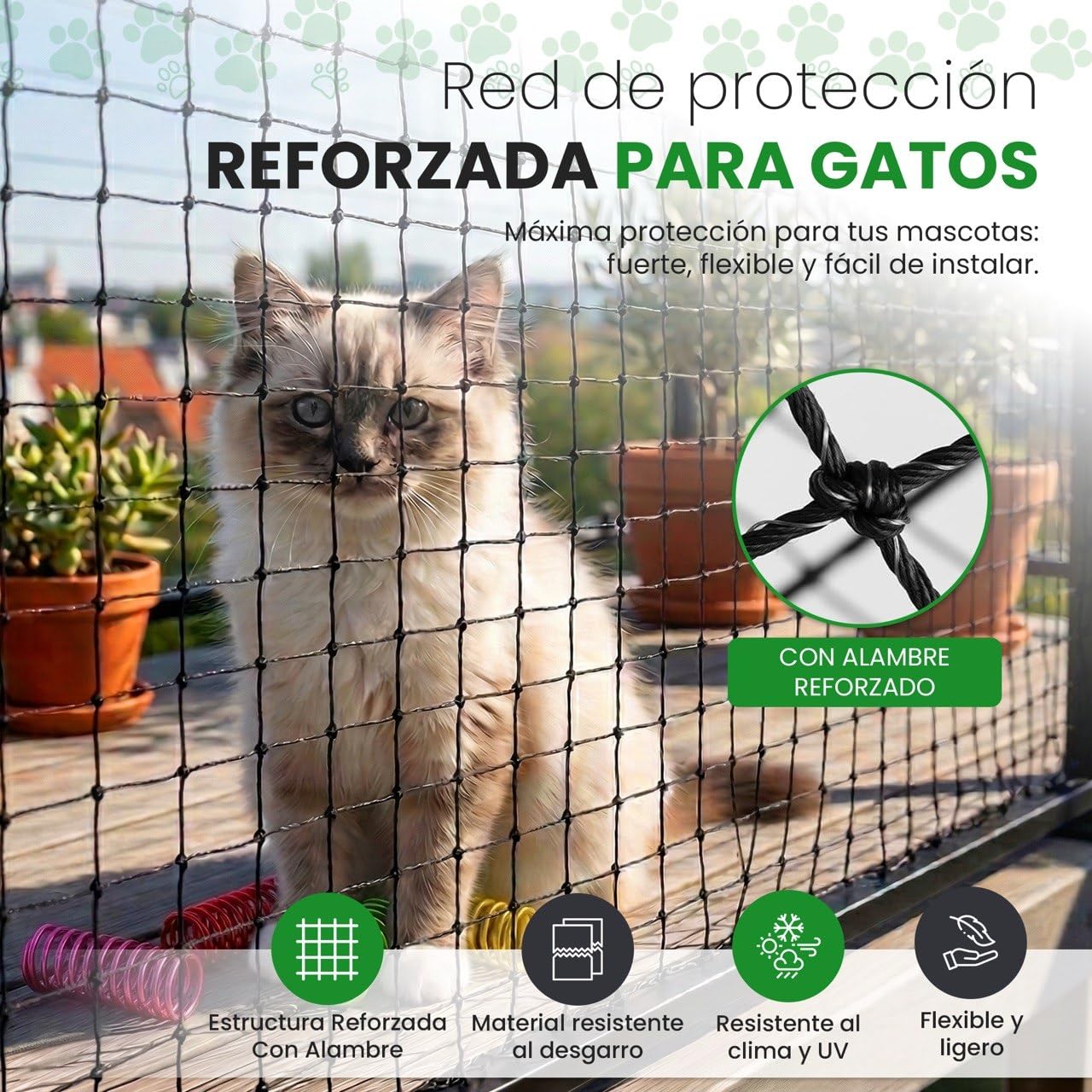 Red para Gatos Terraza 4x3m Reforzada I Malla Resistente y Duradera I Red de Proteccion para Gatos para Terraza, Balcon, Ventanas, etc.