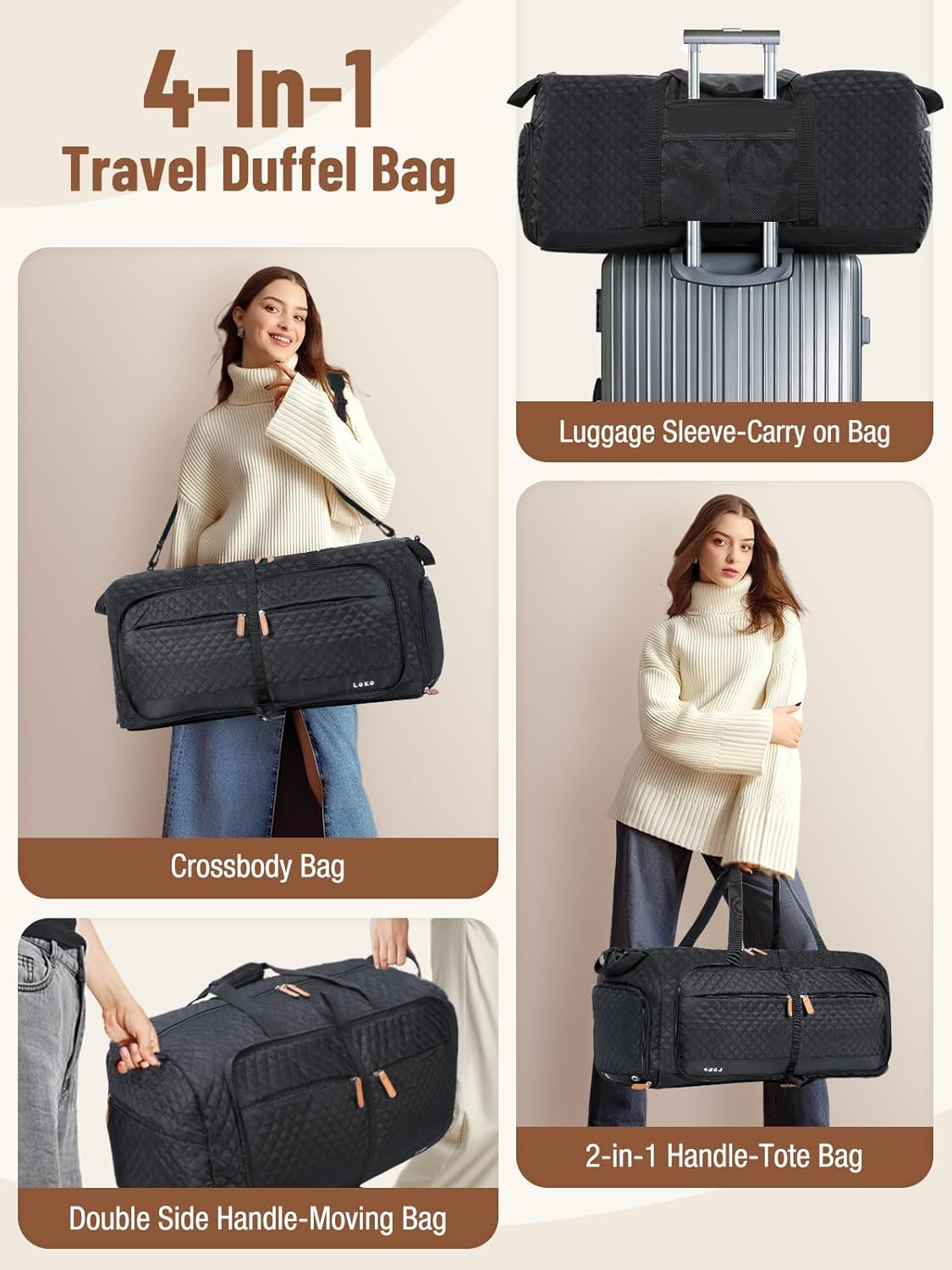 Lekesky Foldable Travel Duffel Bag for Women, 80L Large Duffle Bag with Separate Shoes Compartments & Straps, Carry On Weekend Bag for Women, Hospital, Overnight(Black Quilted) - Image 5