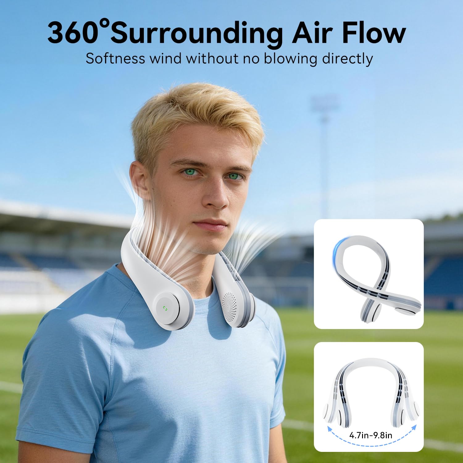 ACELIFE Ventilador de Cuello, 5000mAh Ventilador Cuello Portátil Silencioso USB Recargable Cuello de silicona suave ajustable con 3 Velocidades Para Deportes, Interior, Exterior