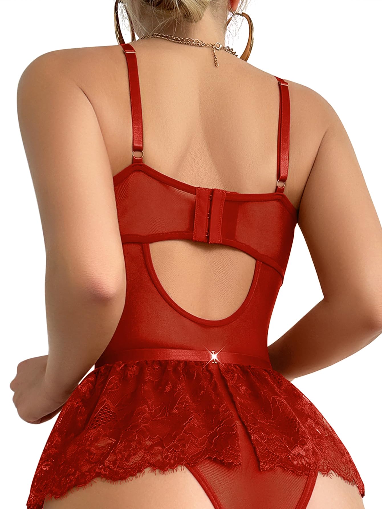 Sexy Outfit Medias sexys con Diamantes de imitación, Liguero con Forma de corazón, Aros, Encaje de Malla Floral, picardías Transparente, lencería, Mono de Peluche, Conjunto de Falda