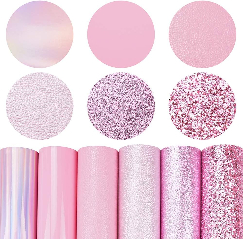 Litchi 6 Pieces/Set 8x12 Inch (21cm x 30cm) A4 Bundle Leather Sheets Mixed Pink Series Holographic Sparkle Fine Chunky Glitter Metallic Faux Leather Fabric for Bow Earring Making DIY Craft