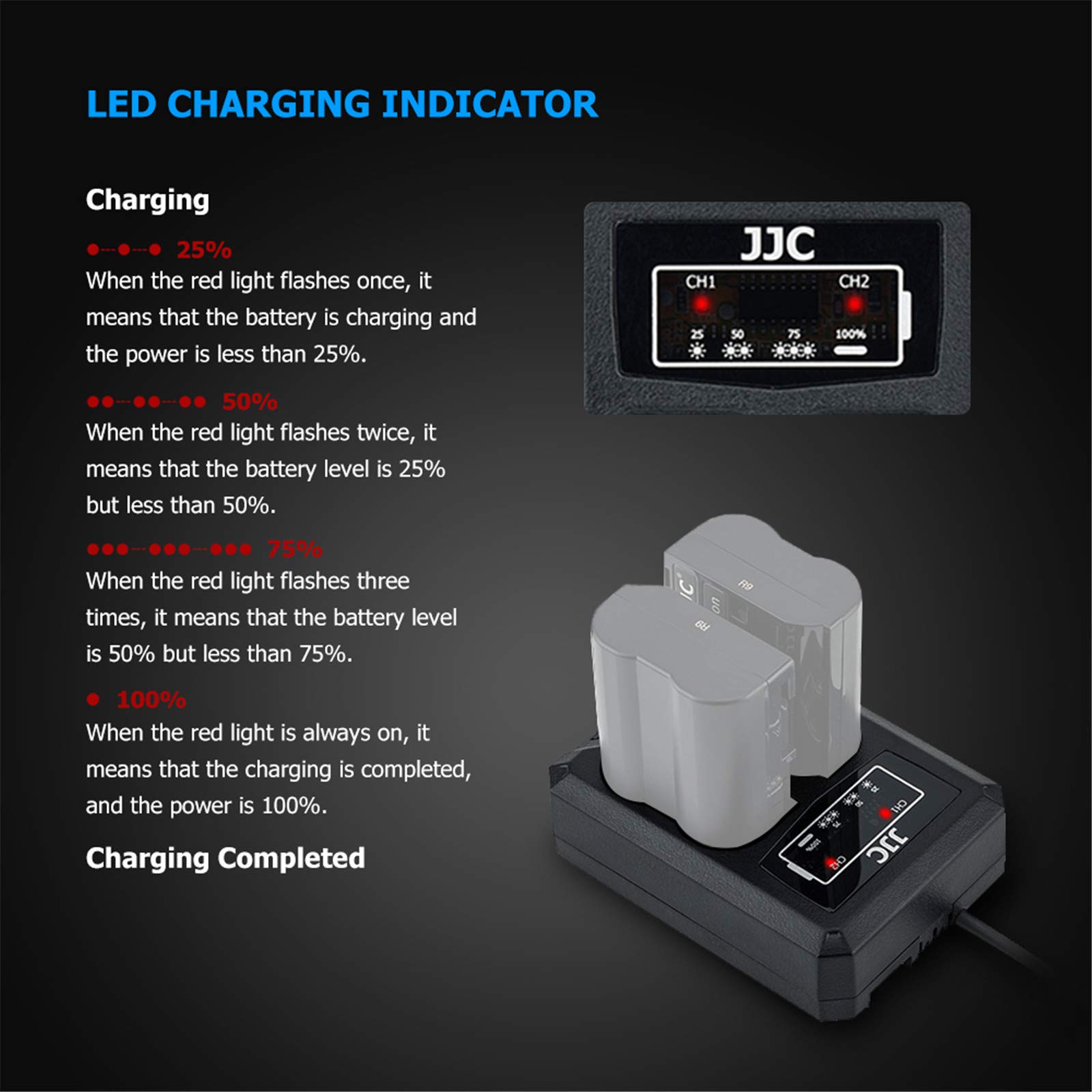 JJC USB Dual Battery Charger voor Nikon ZR Zf Z7II Z7 Z6II Z6 D850 D750 D610 D600 D500 D7500 D7200 D7100 D7000 D810A D810 D800 etc. camera's Vervangt Nikon EN-EL15 / EN-EL15a