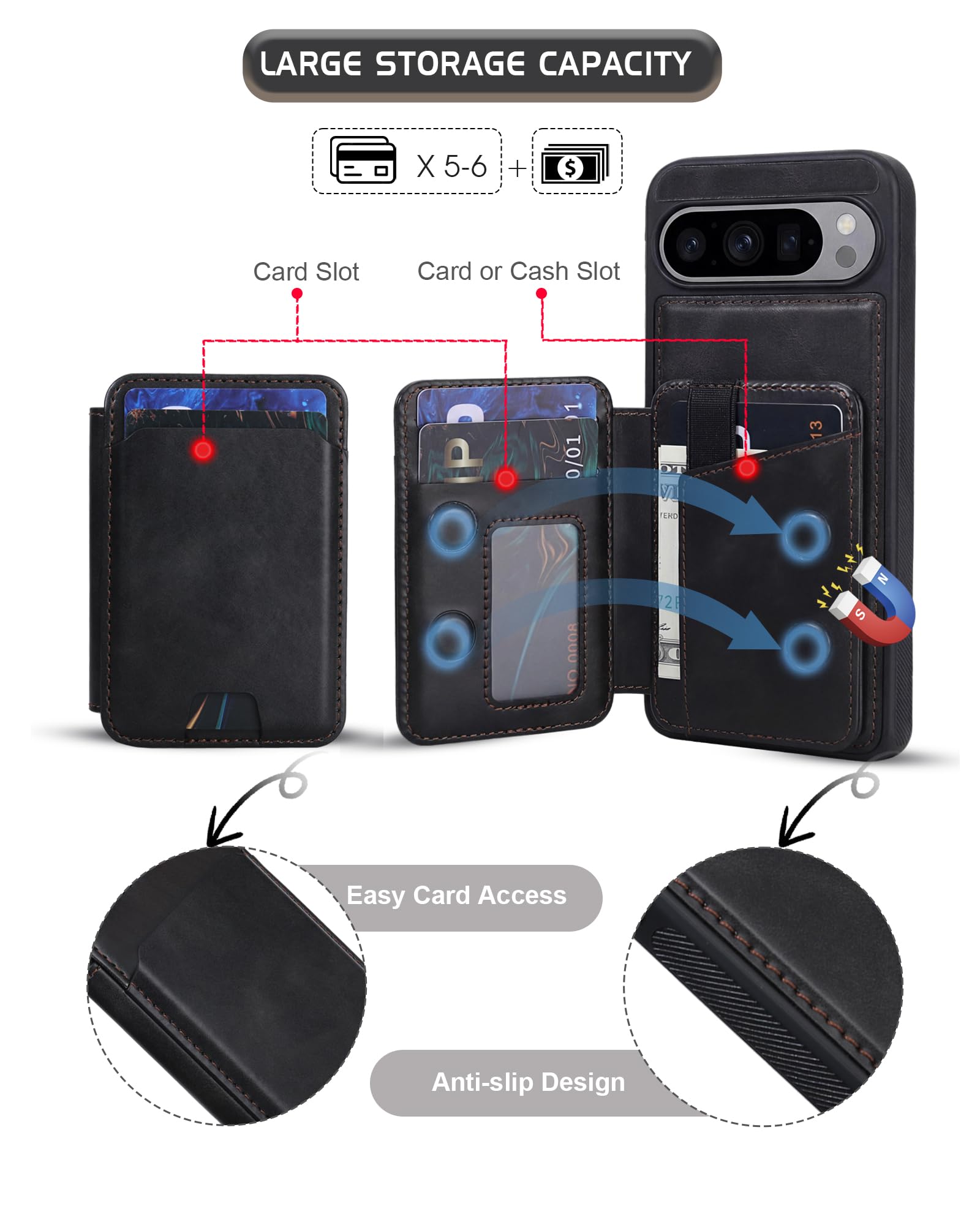 Custodia a portafoglio magnetica staccabile per Google Pixel 11 Pro con cavalletto, 2 in 1 compatibile MagSafe con blocco RFID, custodia sottile in pelle PU nera