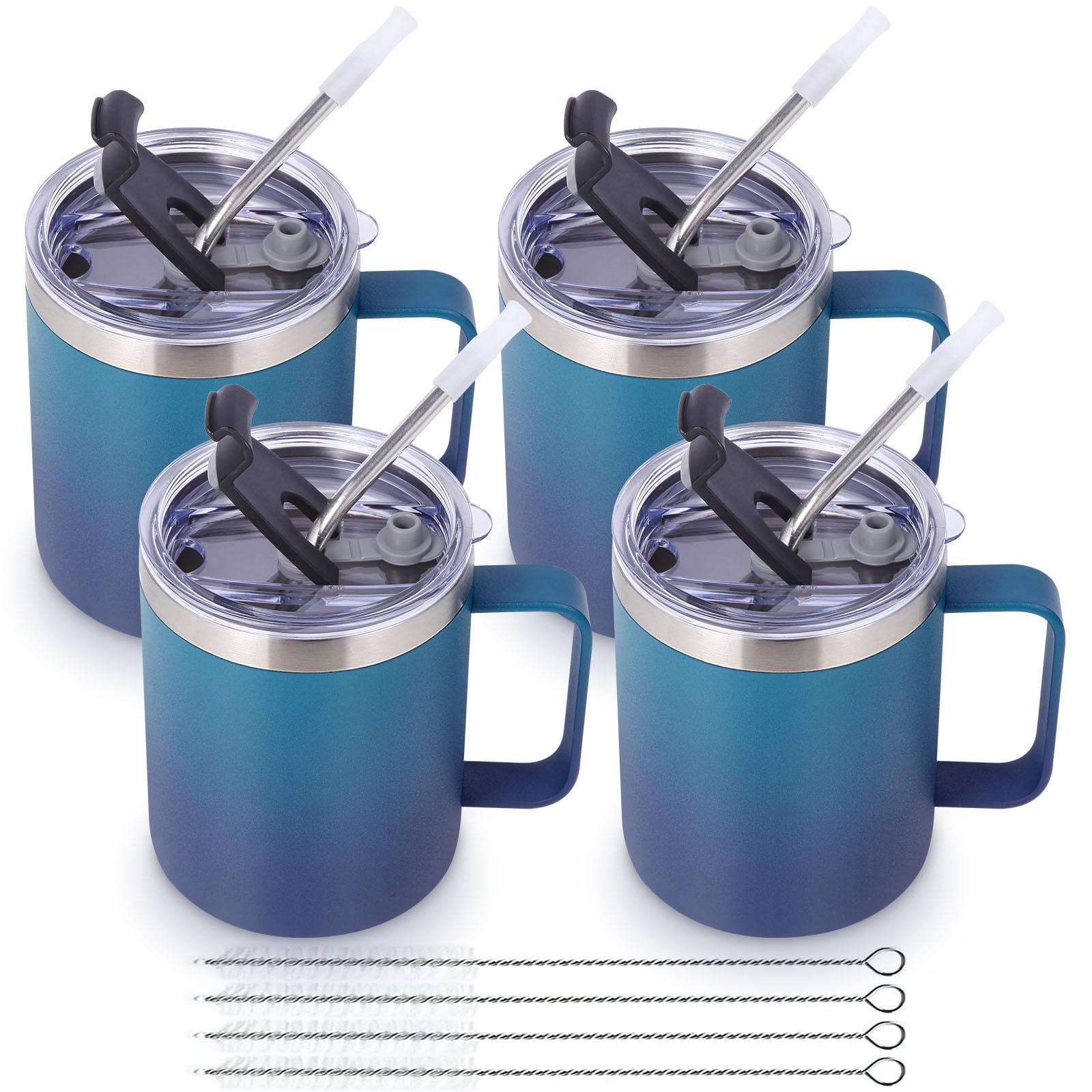 Volhoply 12oz Insulated Leakproof Coffee Mug with Sliding & Straw Lid Bulk 4 Pack,Double Wall Vacuum Stainless Steel Travel Tumbler Cup with Handle,Camping Mugs Keep Cold/Hot(Dark Night,4 Set)