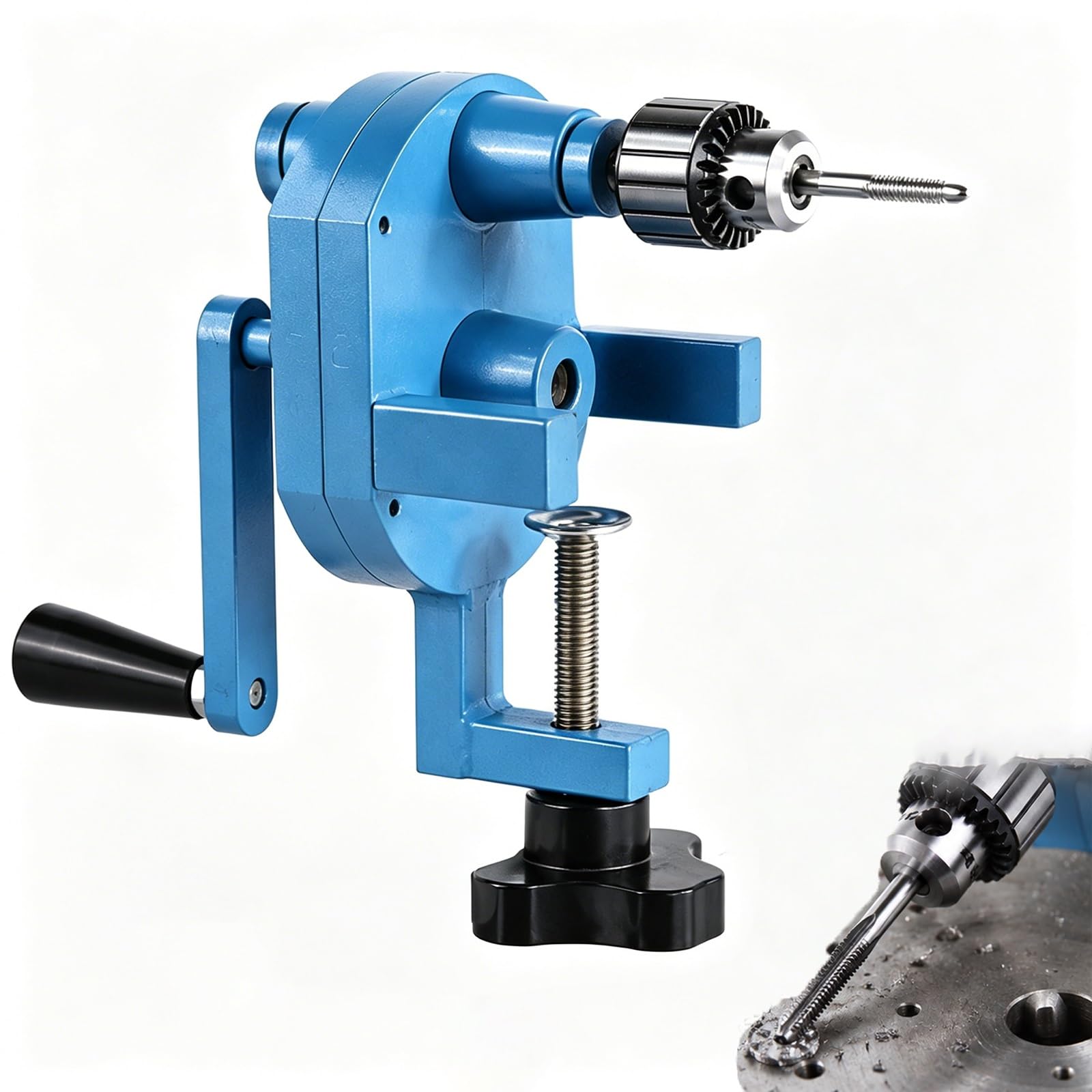 SICWEDIM Manual Drilling, Threading & Deburring Machine with 0.6-6mm (0.02-0.24in) Chuck, 1:4 Speed Ratio Hand Crank Tapping Device, Portable Bench-Clamp Mechanical Tapper for Metal Or Wood