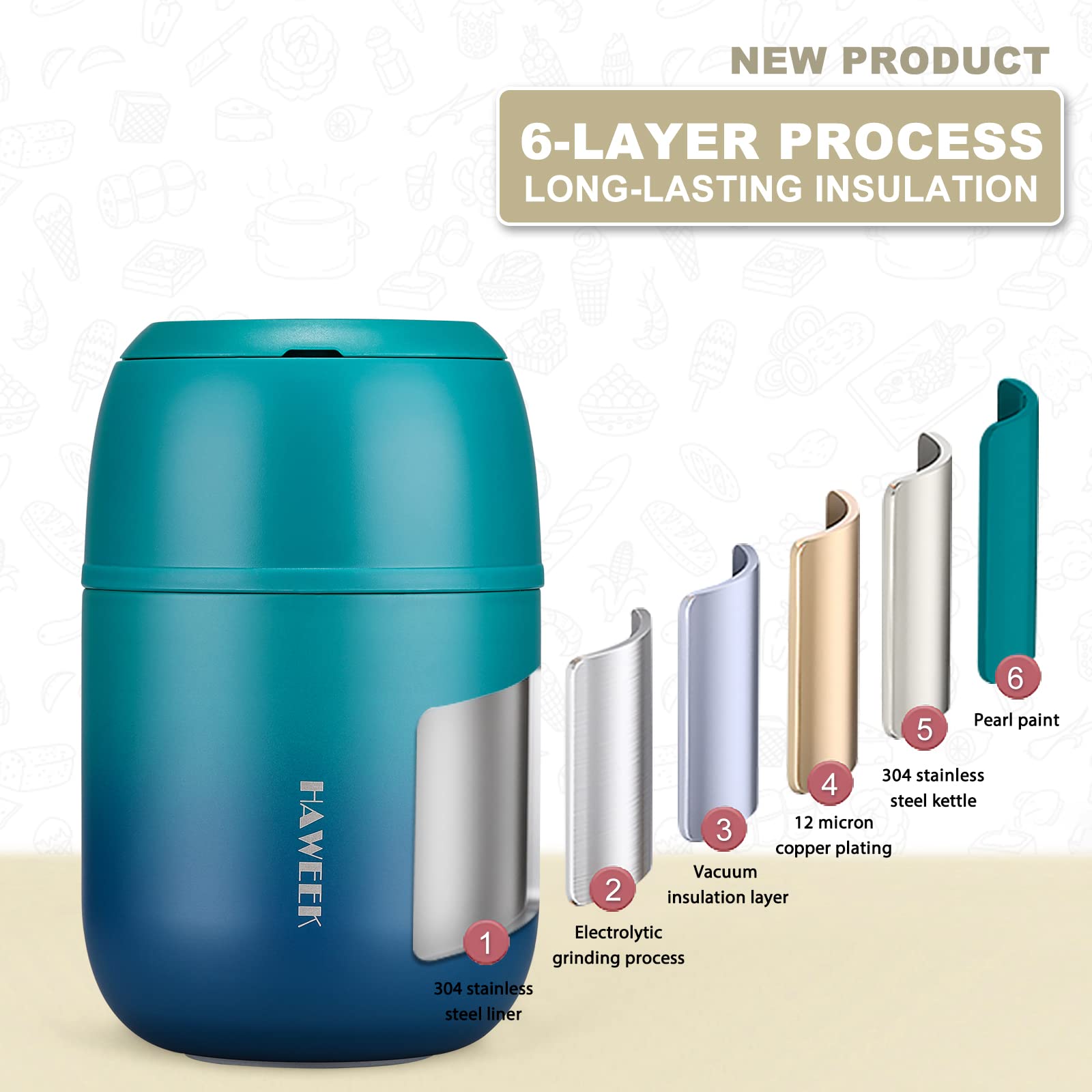 Thermos Per Alimenti 17oz (500ml) – Contenitore Isotermico In Acciaio Inox 304, Doppia Parete Sottovuoto, Mantiene Caldo 12h O Freddo 24h, Con Cucchiaio Pieghevole