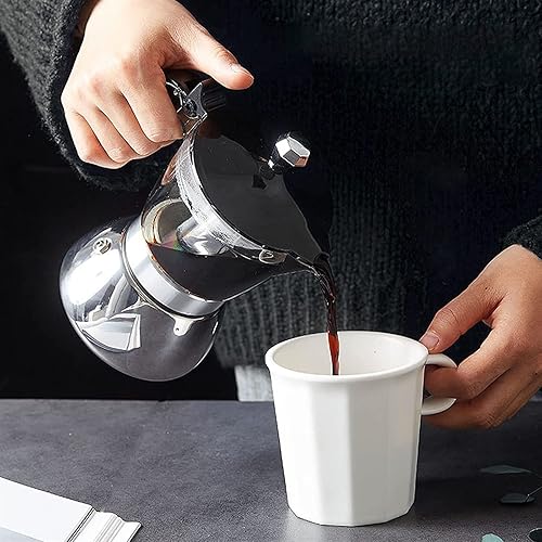 Miniatura 9 de LIPPSY Cafetera Moka de acero inoxidable, cafetera percoladora (4 tazas) con tapa de cristal y cafetera Moka de acero inoxidable, cafetera italiana