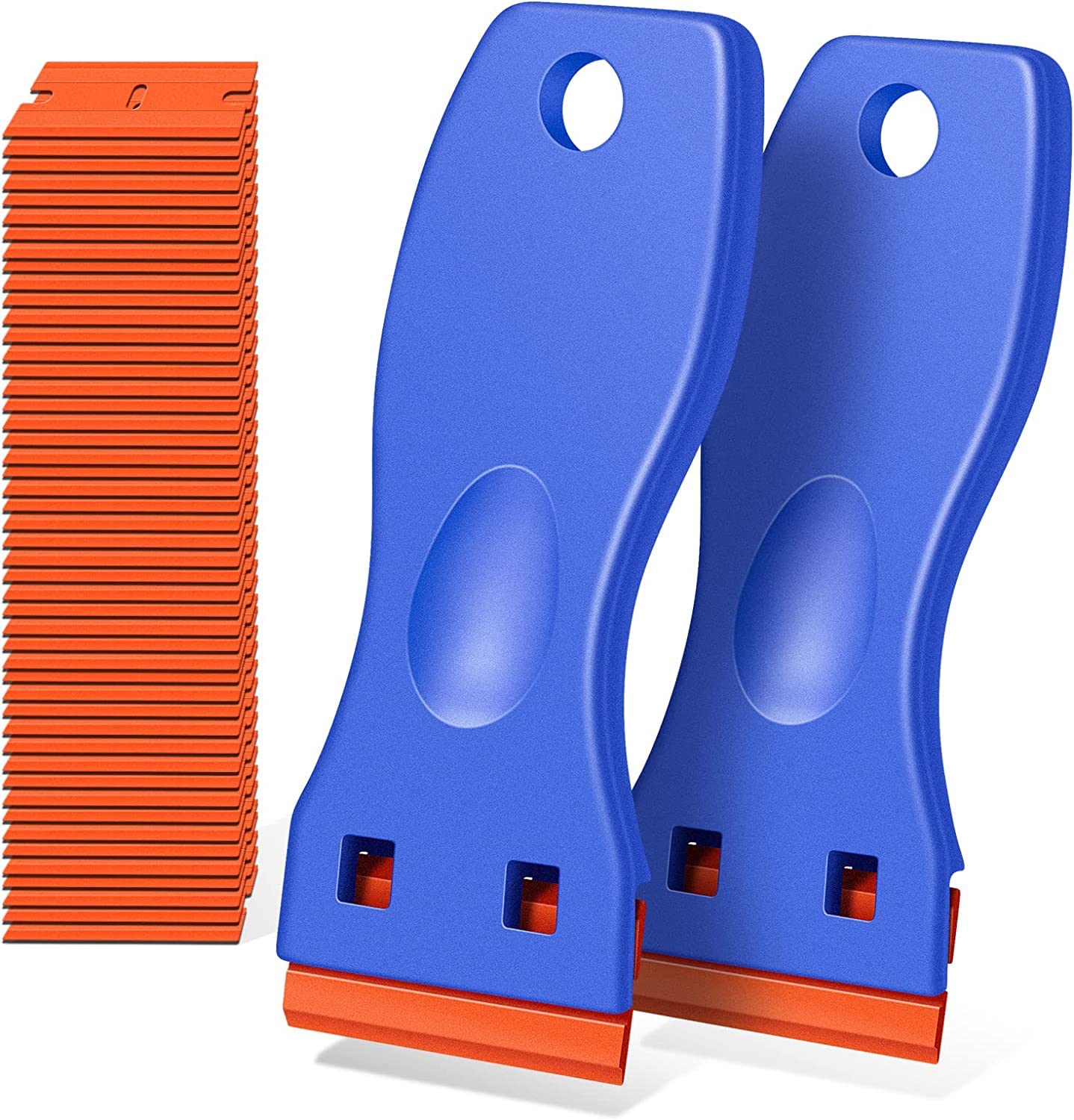 Plastic Razor Blades Scraper Tool -Wall Paint Remover with 100 PCS Blades Kit No Scratch Car Window Glass Wood Sticker Removal Floor (2pcs blue)