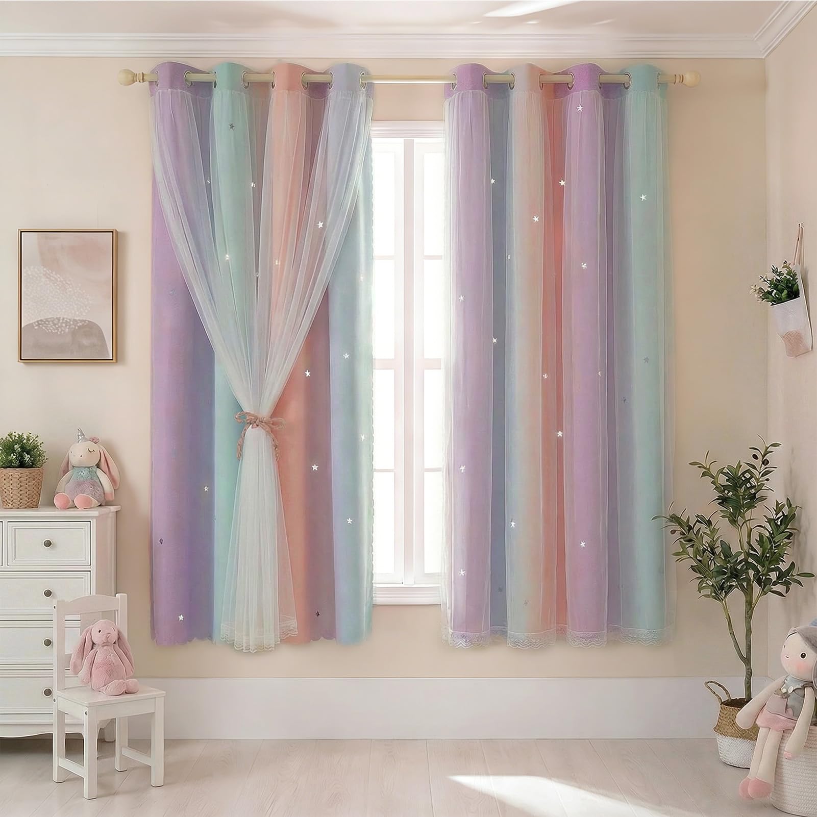 NAKIHOUSE Blackout Curtains with Net,2 Panels Eyelet Curtains for Kids Nursery Bedroom Living Room,52 x 63 Inch Thermal Insulated Curtain & Drapes,Pink Blue Purple