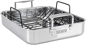 Viking 3-Ply Stainless Steel Roasting Pan with Non Stick Rack, 16 x 13 Inch Kitchen Cookware, Great for Turkey, Dishwasher and Oven Safe, Induction Ready, Silver