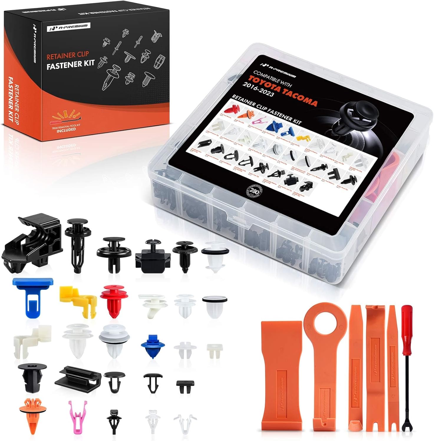 A-Premium 280 PCS Bumper Retainer Clips Plastic Rivets Push Retainer Kit 28 Sizes 51.36oz Door Trim Panel Fender Compatible with Toyota Tacoma, Highlander, Tundra, Sequoia, Solara, w/Removal Tool