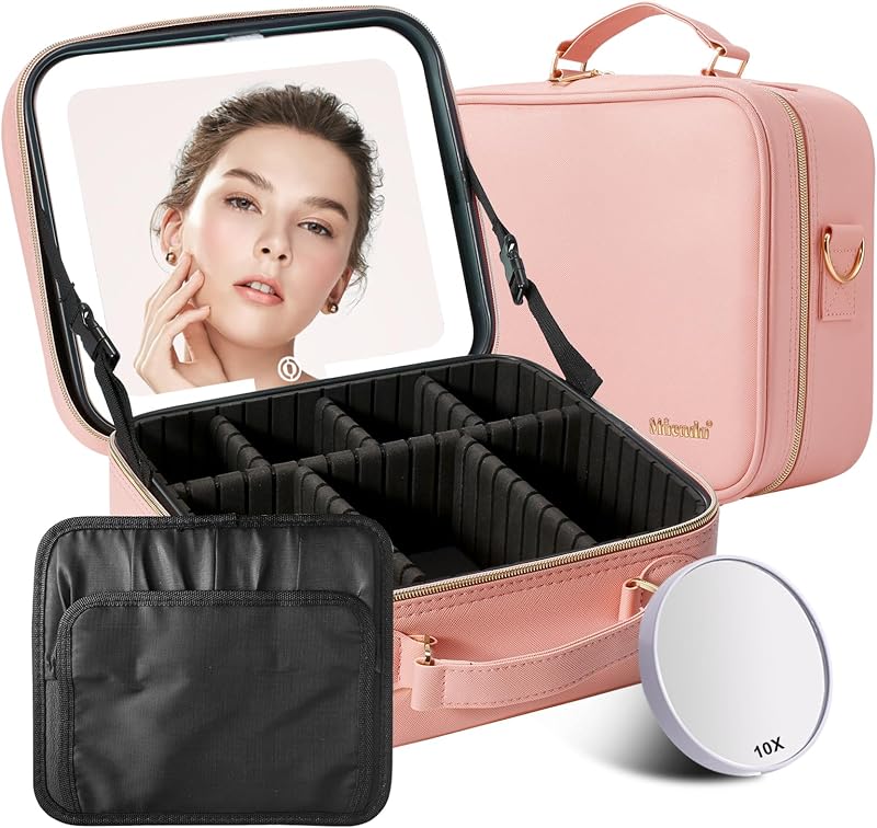 Mocado Estojo de maquiagem para viagem com espelho LED removível, ampliação de 10X e divisórias ajustáveis, rosa