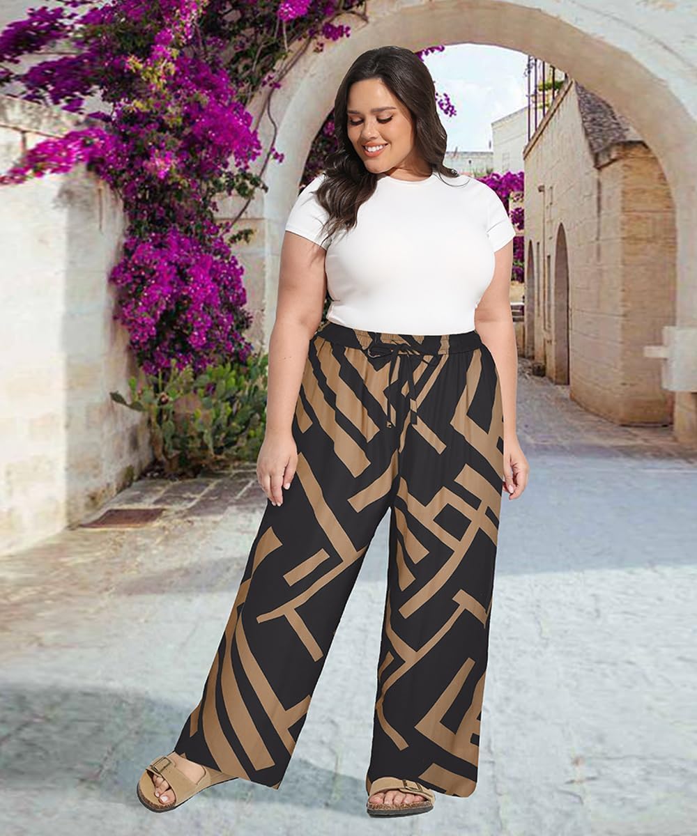 TIYOMI Plus Size Pants Womens Summer Palazzo Pants Drawstring Wide Leg Lounge Pant Casual Beach Trousers with Pockets XL-5XL - Image 3