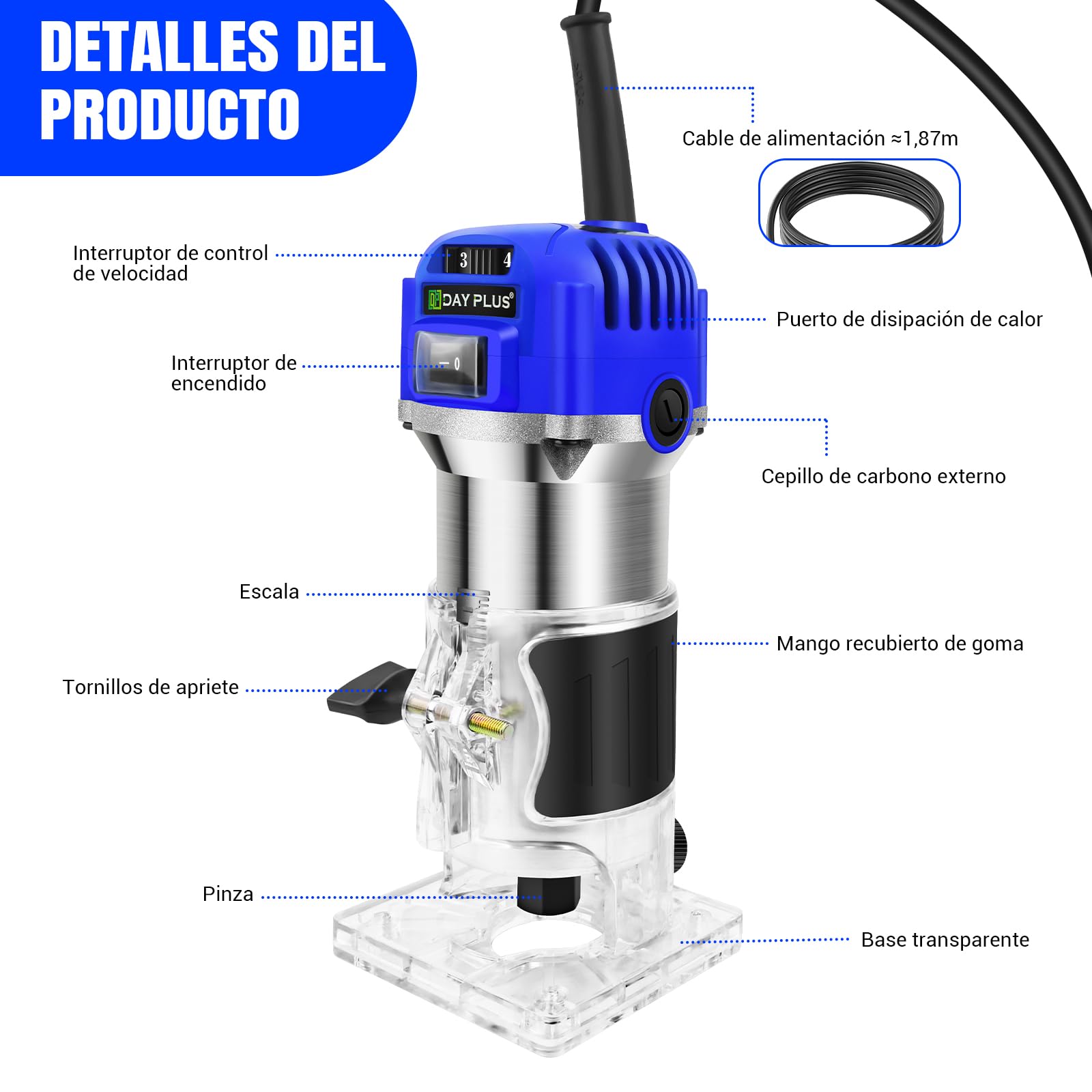 Fresadora De Palma Herramienta, Recortadora De Madera, Mano De Madera Eléctrica Recortadora, Fresadora De Mano Para Madera, 27000R/min 6 Velocidades Variables, Tupí Eléctrico de Mano para Bricolaje