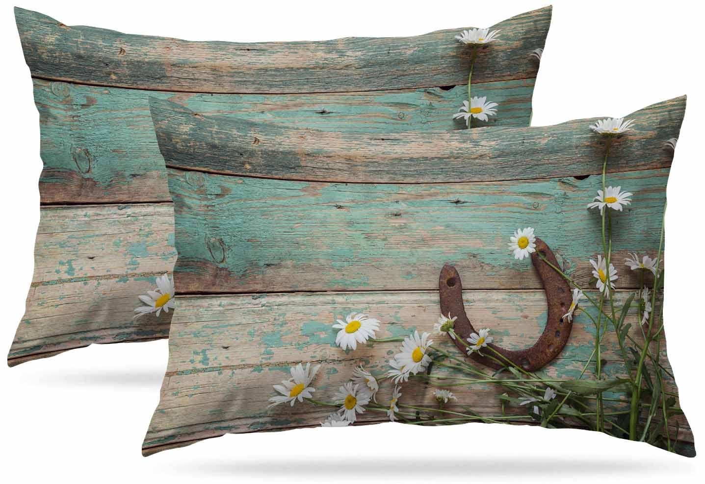 Zovinex Teal Rustic Wooden Oblong Cushion Cover Farmhouse 12X20 Inch Soft Short Plush Throw Pillowcase Pillow Cover For Couch Bed Sofa Chair,Set Of 2 Pack 30 X 50 Cm