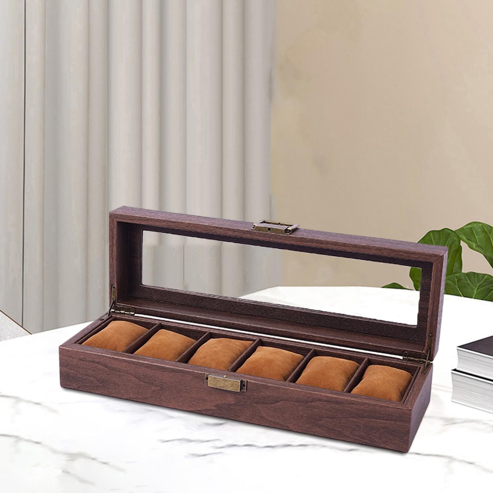 Exquisite Uhrenbox aus Holz mit Glasdeckel, ideal für Reisen und als Reiseetui. Tragbare Uhrenbox aus Holz, abschließbar, für Damen und Herren.