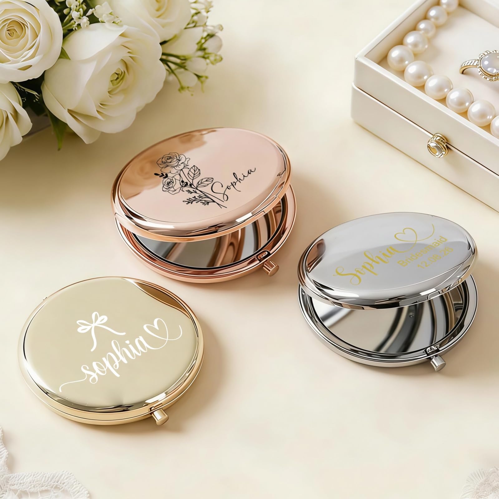 Custom Metal Compact Mirror, Personalized Pocket Mirror for Women, Bridesmaid Gifts, Handheld Mini-Makeup Mirror, Bridal Shower Thank You Gifts
