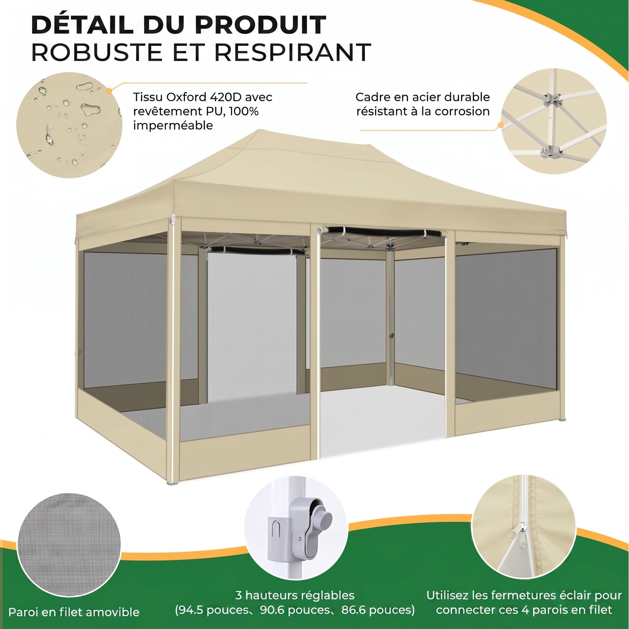 COBIZI Tonnelle de Jardin Pliante 3x4,5m, Tente de Réception Imperméable avec 4 Parois Moustiquaires, Barnum Pop-up en Acier Renforcé, Oxford 420D, Sac de Transport, Kaki