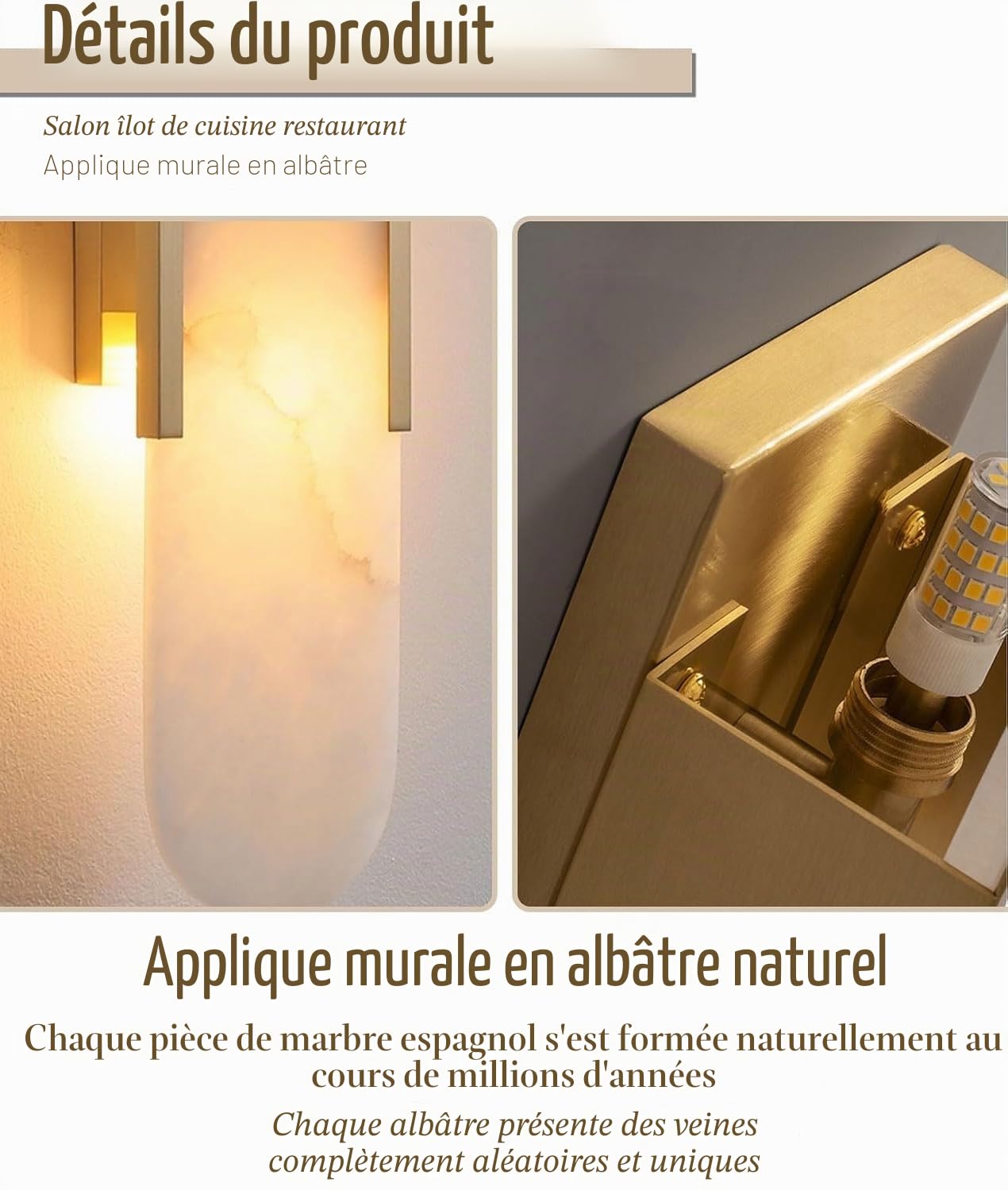 Appliques murales en albâtre Naturel luminaires de Salle de Bain de vanité Applique en albâtre Lampe Murale en Pierre Blanche pour Chambre à Coucher Salon Couloir escaliers Cuisine