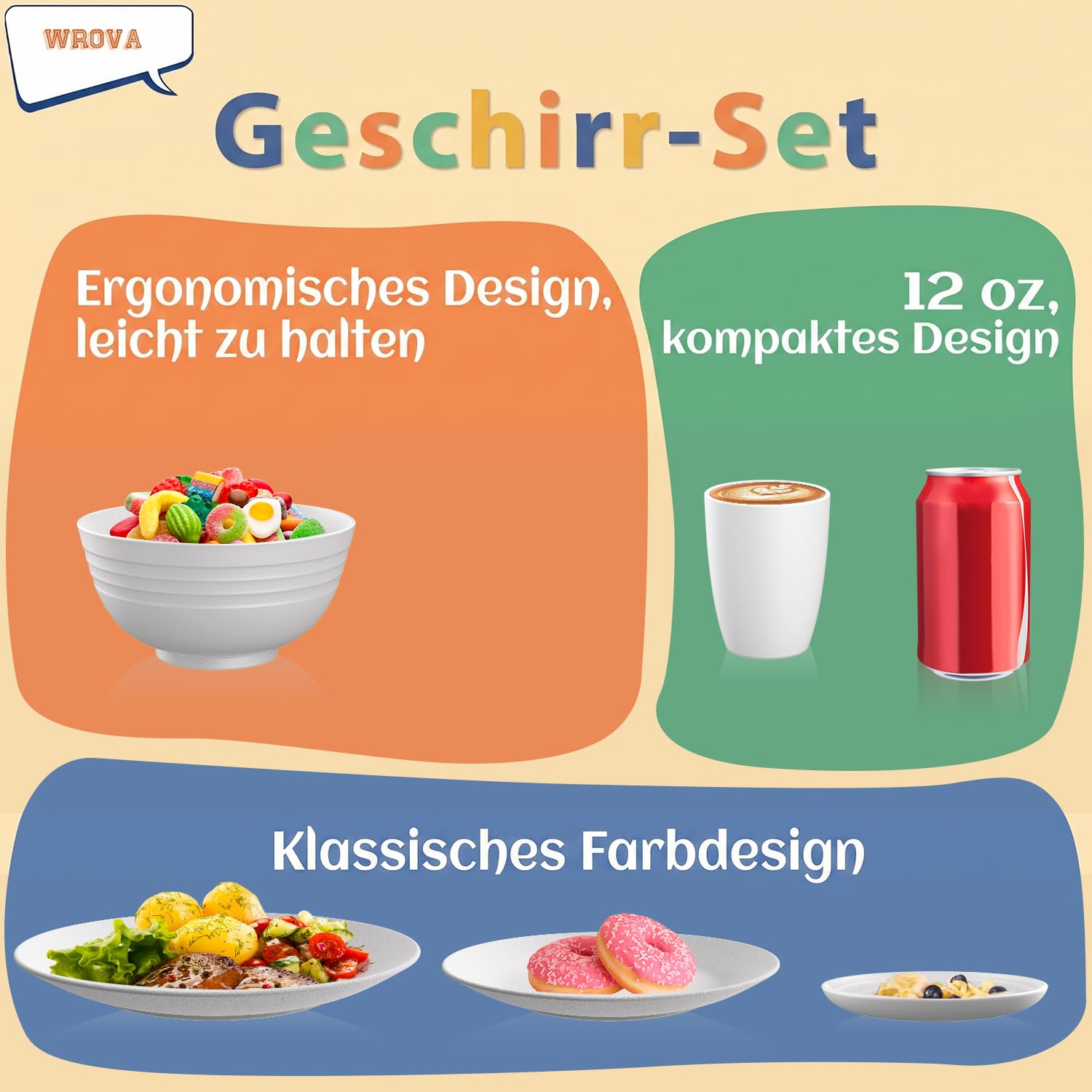 Wrova Set di piatti in plastica, 40 pezzi, piatti di plastica, ciotole per cereali, bicchieri di plastica, riutilizzabili, set di stoviglie da campeggio per 8 persone, lavabili in lavastoviglie e