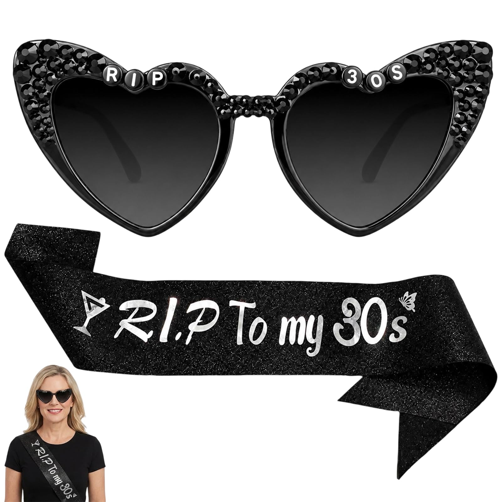 40th Birthday Glasses with Sash, Birthday Decorations, 40th Birthday Props for Party Celebrations, Shiny Bling Diamond Pearl Sunglasses, Black Heart Glasses and Sash Set for Themed Events