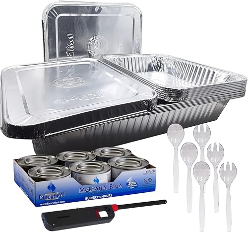 Juego de 28 piezas de repuesto desechables de aluminio para bufé, incluye sartenes de aluminio, combustible de metanol, utensilios para servir y