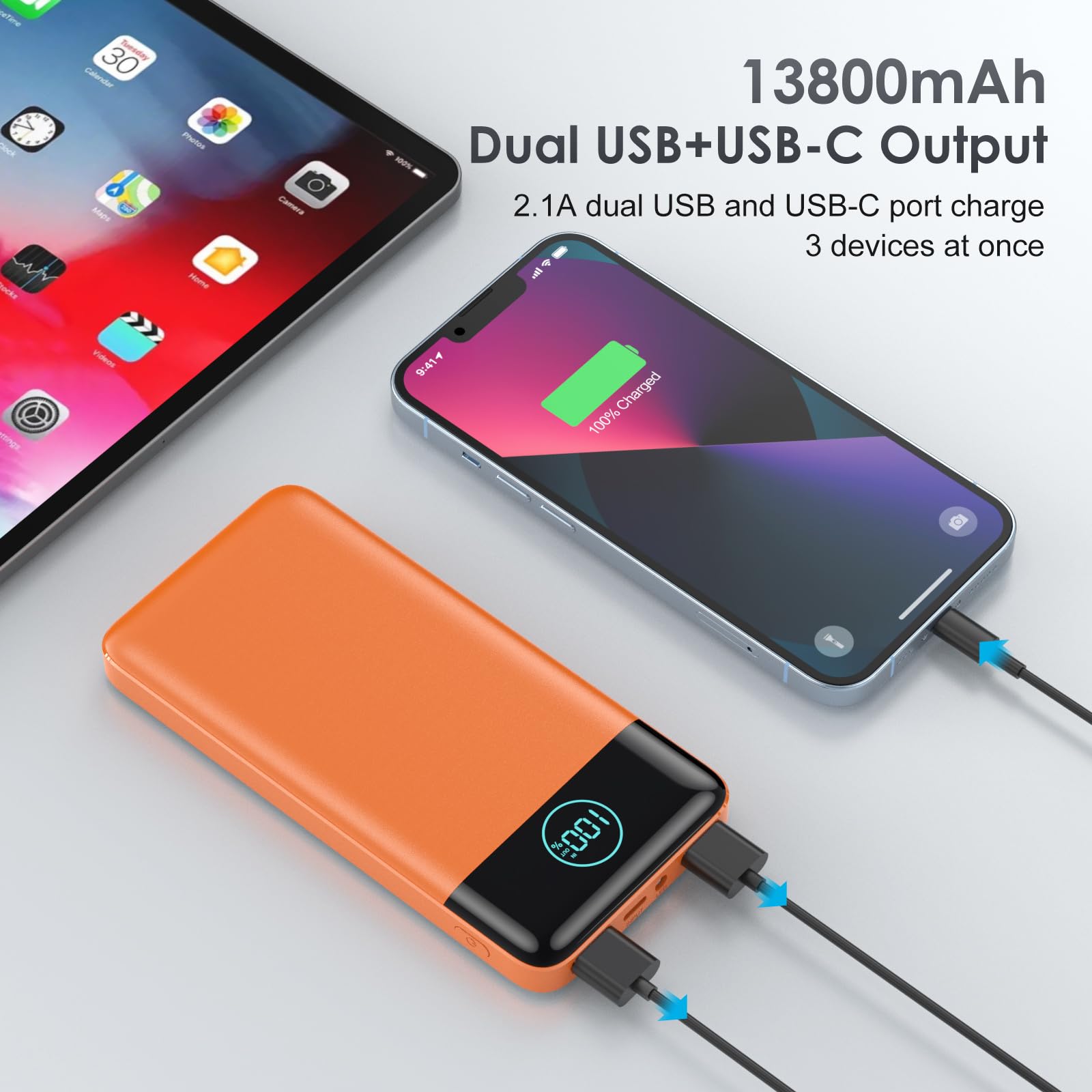 AXNEB Power Bank 13800mAh,Ultra Sottile & Leggero Caricatore Portatile con Display LCD,3A PD USB C Ingressi&Uscite Powerbank con Torcia LED Batteria Esterna per iPhone Samsung Huawei Xiaomi-Arancio