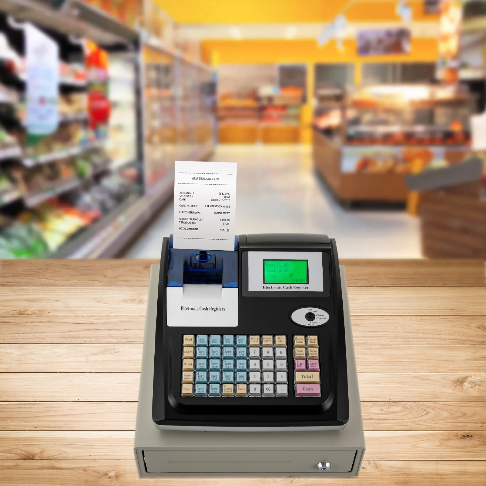 Système de caisse, tiroir-caisse, caisse enregistreuse, gestion de l'argent liquide, imprimante thermique, 50 employés, 48 touches, 10 000 PLU, 36 départements, traiteur, supermarchés, magasins de