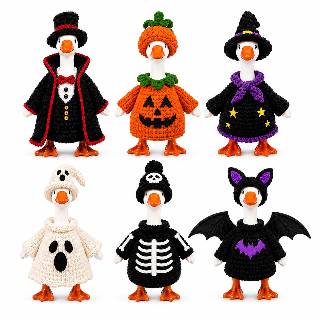 Funle 7 Inch Desk Goose Outfits, 6-Pack Knitted Halloween Goose Clothes | 6 knitted Halloween costumes: vampire, pumpkin, witch, ghost, skeleton and bat, designed for standard 7-inch desk geese