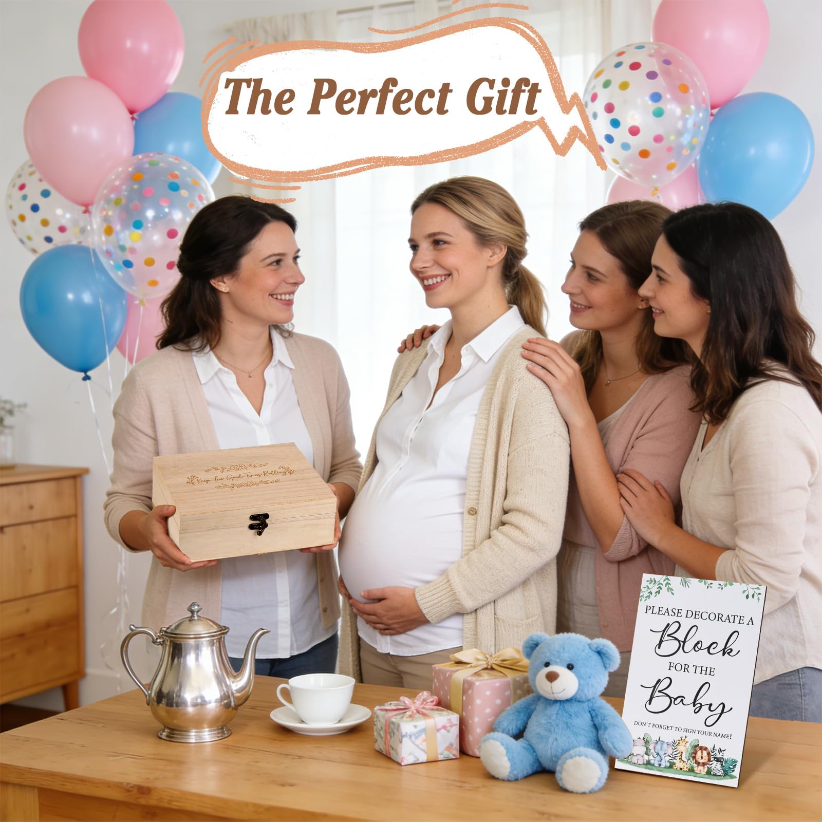 128 Pezzi Set di Giochi per Baby Shower, Blocchi di Pittura Creativa con 48 Blocchi di Legno, 24 Matite Colorate, 54 Stencil e Scatola di Legno per la Festa di Rivelazione del Sesso