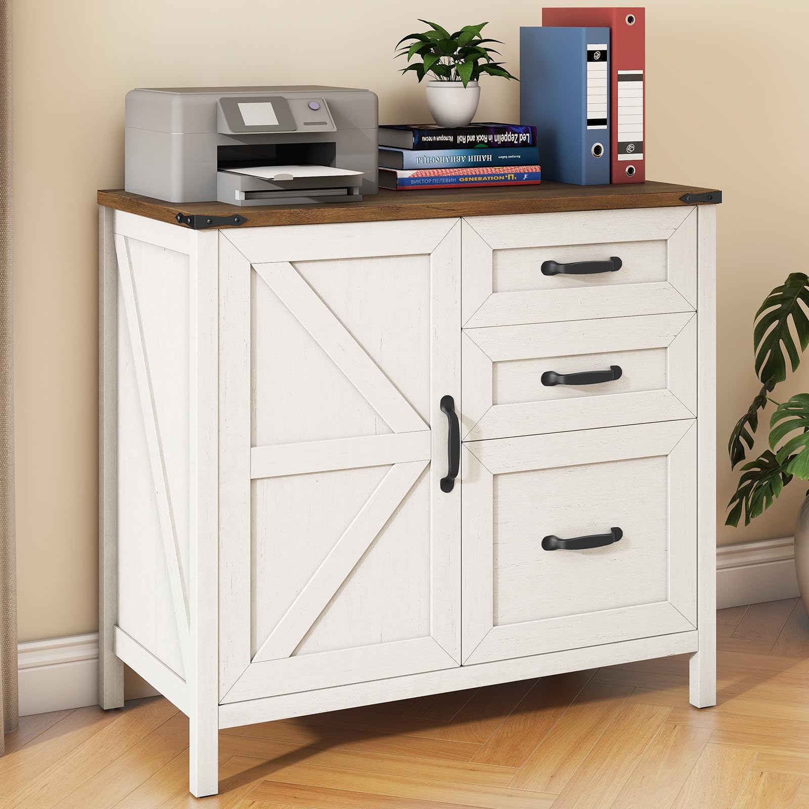 BonVache Meuble de Rangement Bureau 3 Tiroirs, Armoires à classeurs latéraux Style Campagnard, Meuble Imprimante avec Rangement, Blanc Rustique pour Dossiers Suspendus A4/Letter, 80 cm