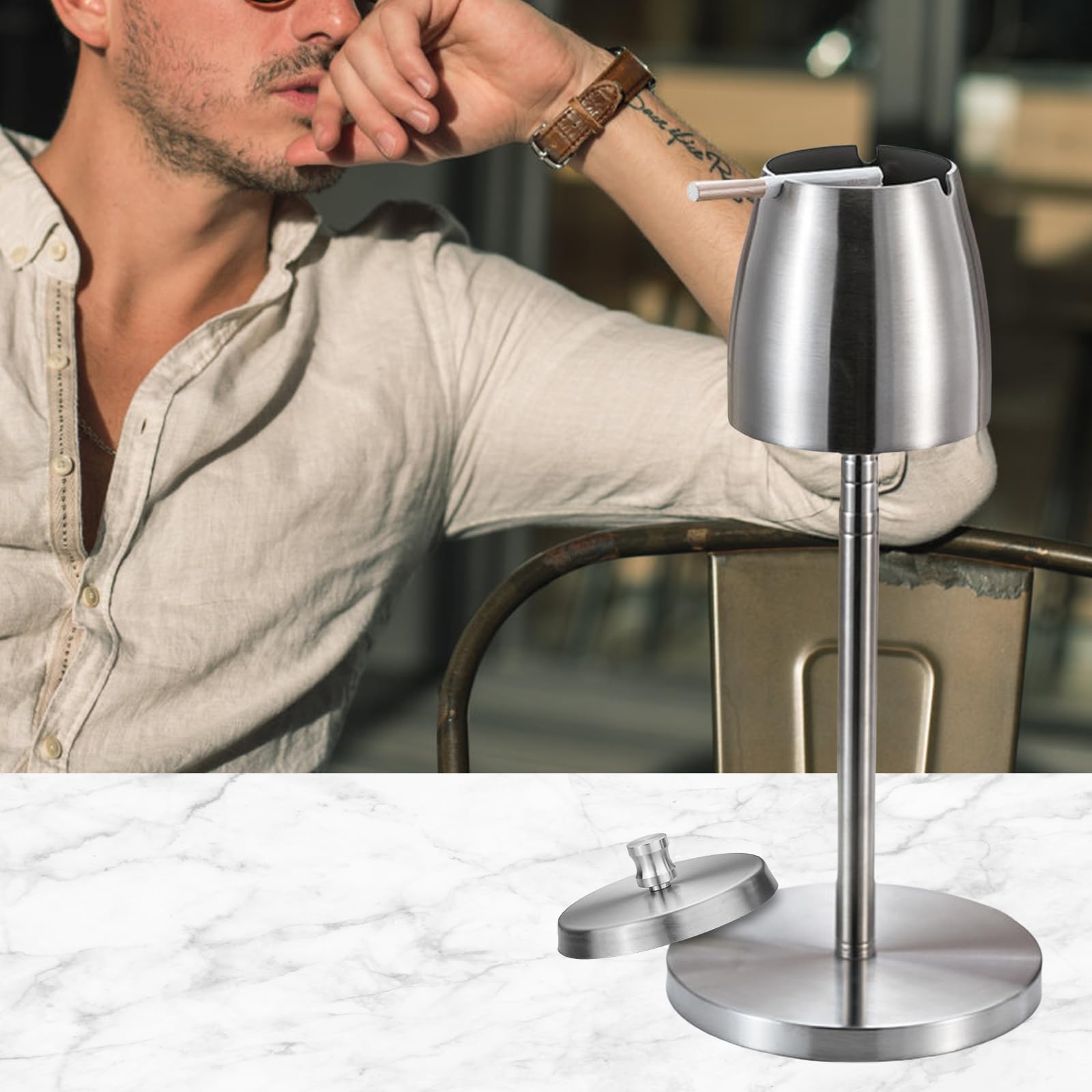 WANDGU Cenicero De Pie Acero Inoxidable - Altura Ajustable 34-65 Cm, Base Antideslizante, Tapa Resistente Al Viento, Extraíble Y Portátil Para Interior Y Exterior