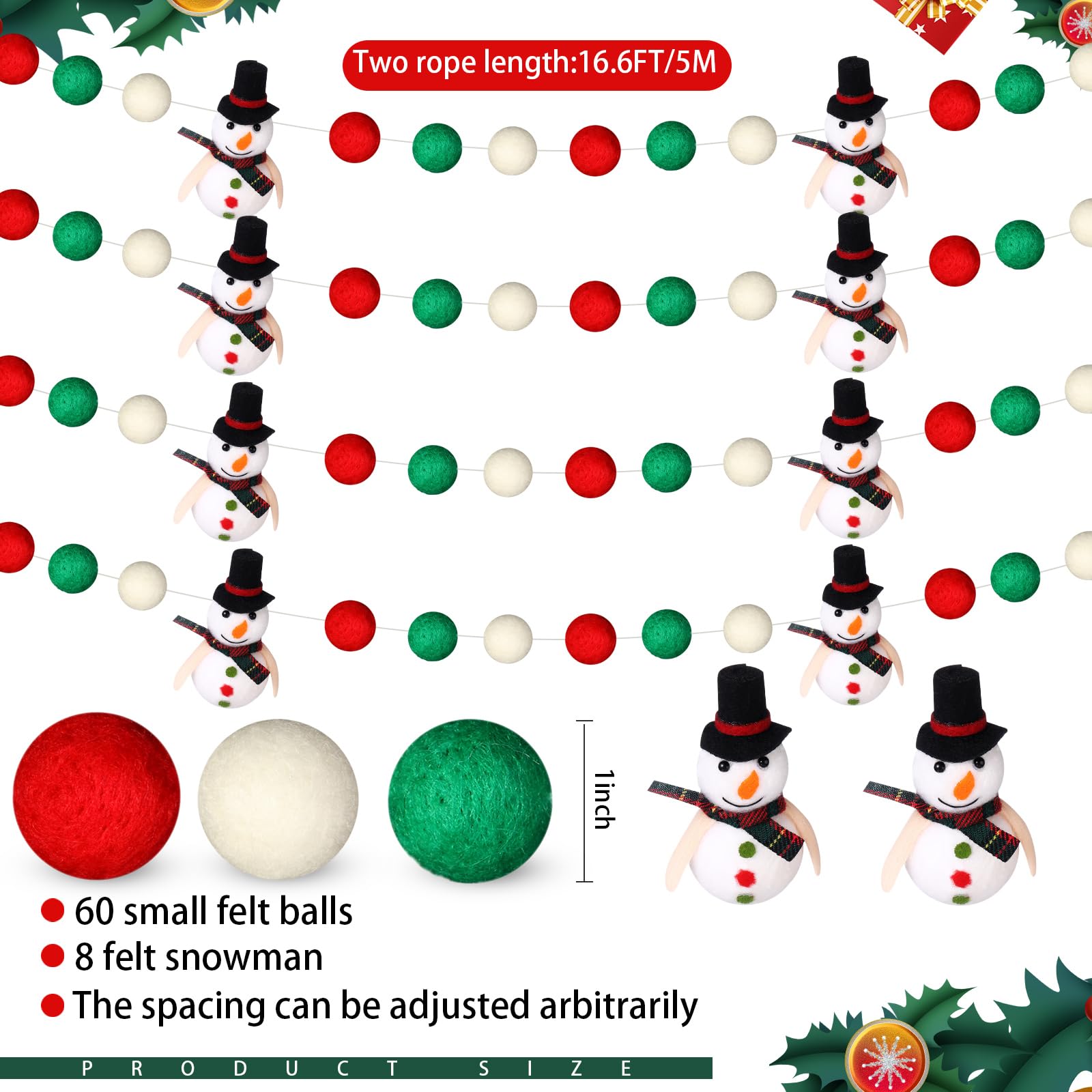 Hosuly Guirnalda de pompones de Navidad de 2,5 m, guirnalda de bolas de fieltro, color rojo, blanco y verde, muñeco de nieve, decoración de pompones colgantes para árbol de Navidad, hogar, chimenea,