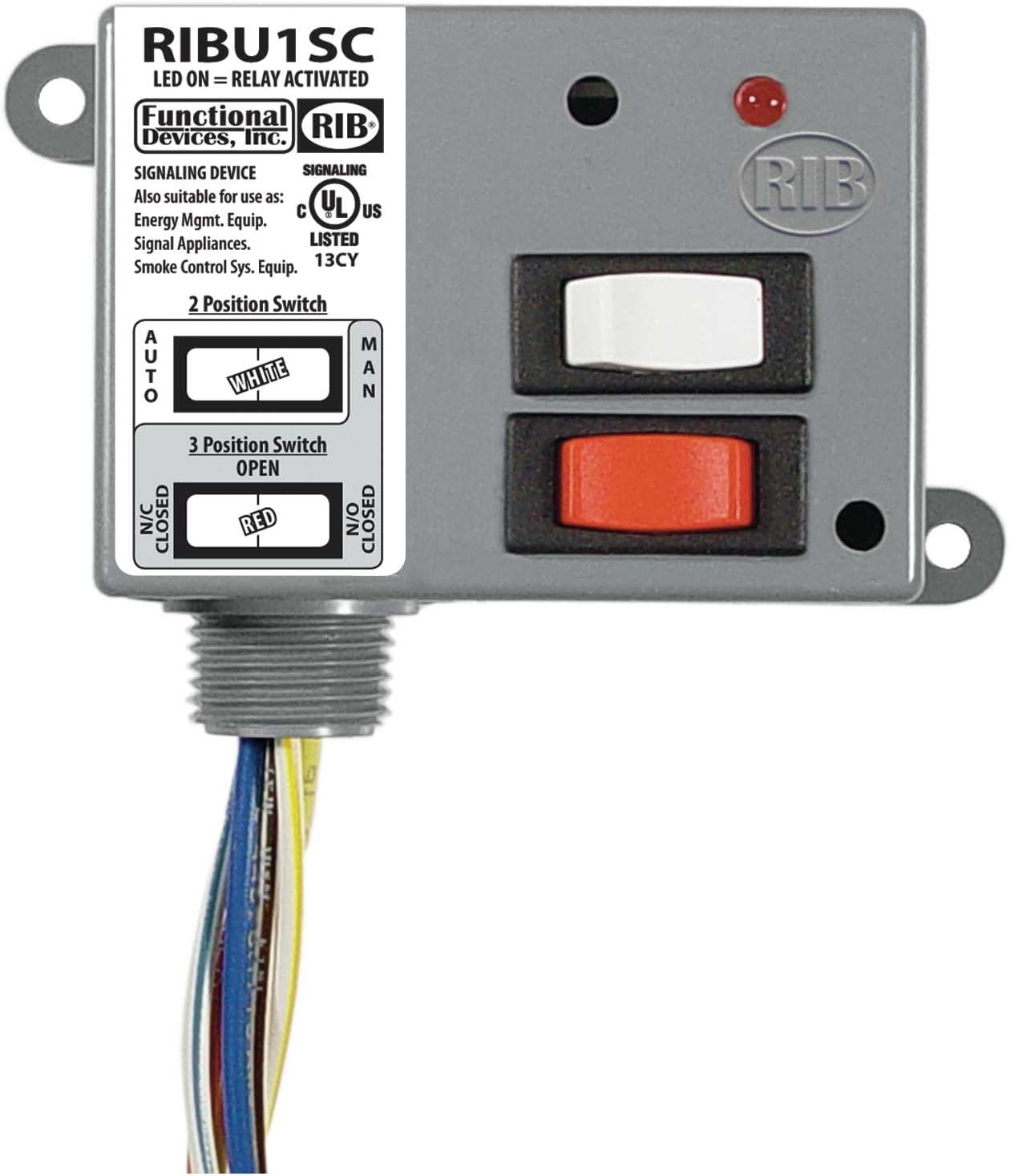 FUNCTIONAL DEVICES RIB RIBU1SC 10 AMP SPDT + Override, 10-30 VAC/DC/120 VAC Coil, -30 to 140 F, 600 Volt Wire Rating, NEMA 1 HOUSING, Pilot Relay