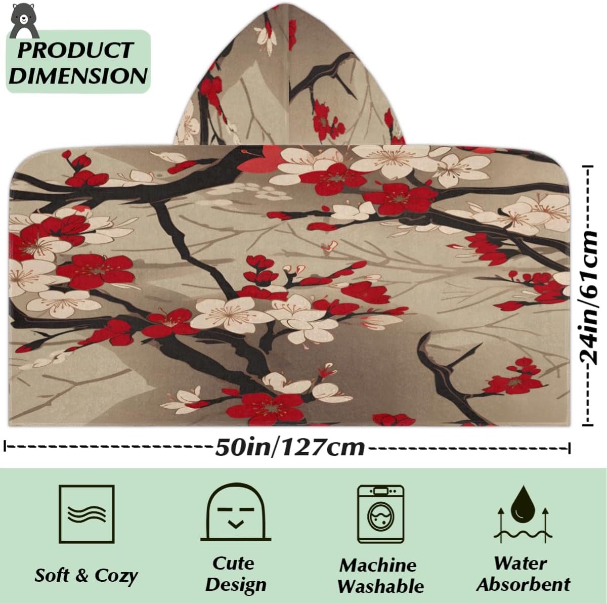 Pardick Kids Bath Towel Cherry Flower Beach Towel with Hood Pool Cover Up for Girls Boys Soft Absorbent Hooded Bath Towel Toddler Towels for Beach, Pool