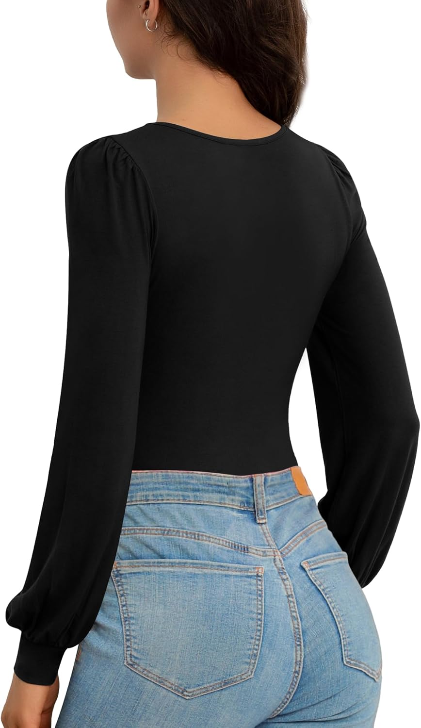 CLOZOZ Square Neck Womens T Shirts Puff Sleeve Shirts for Women Long Slim Fitted Tee Tops - Image 3