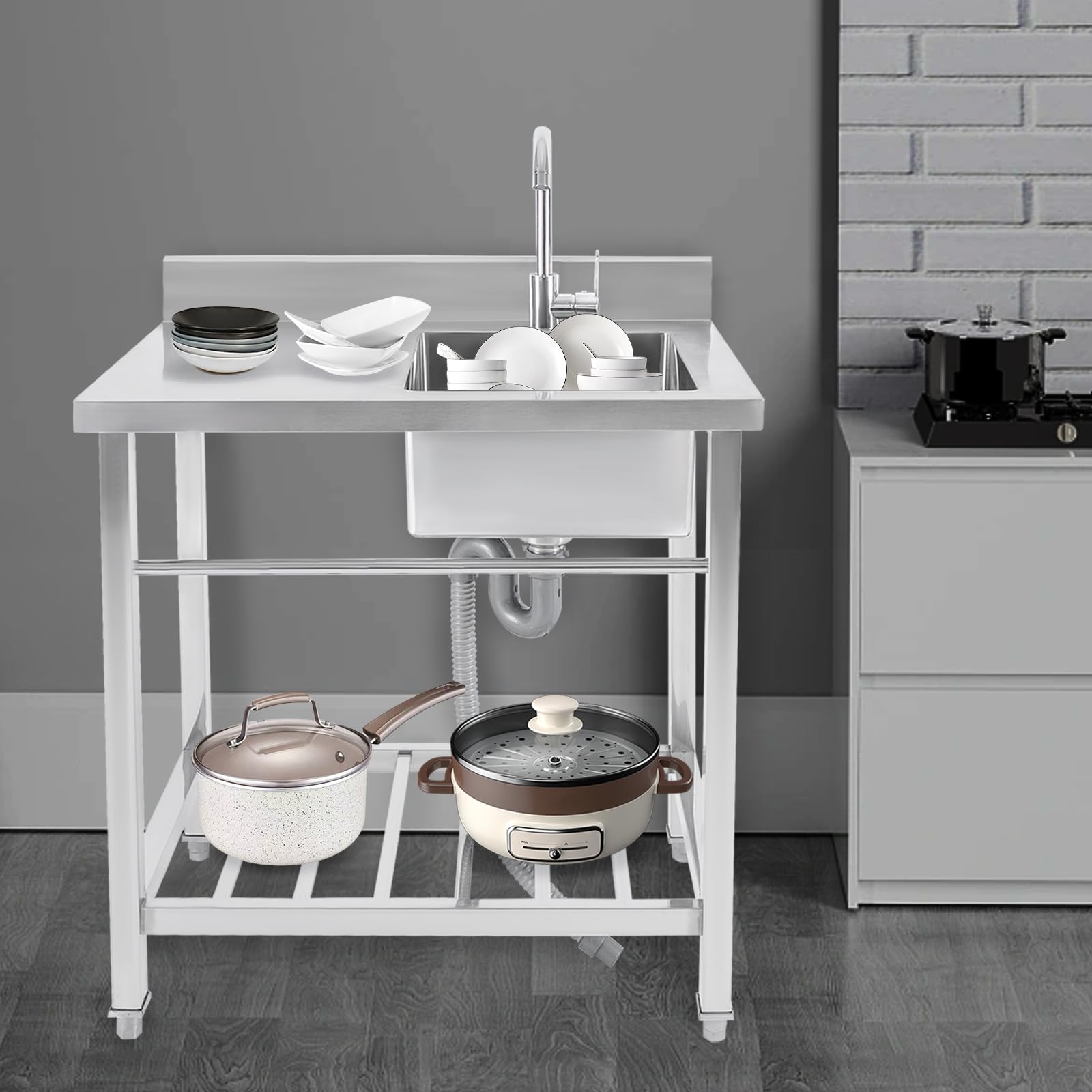 Fregadero independiente de acero inoxidable con soporte y grifo, 1 lavabo grande y encimera, juego completo para exterior, patio trasero, cocina, restaurante, jardín