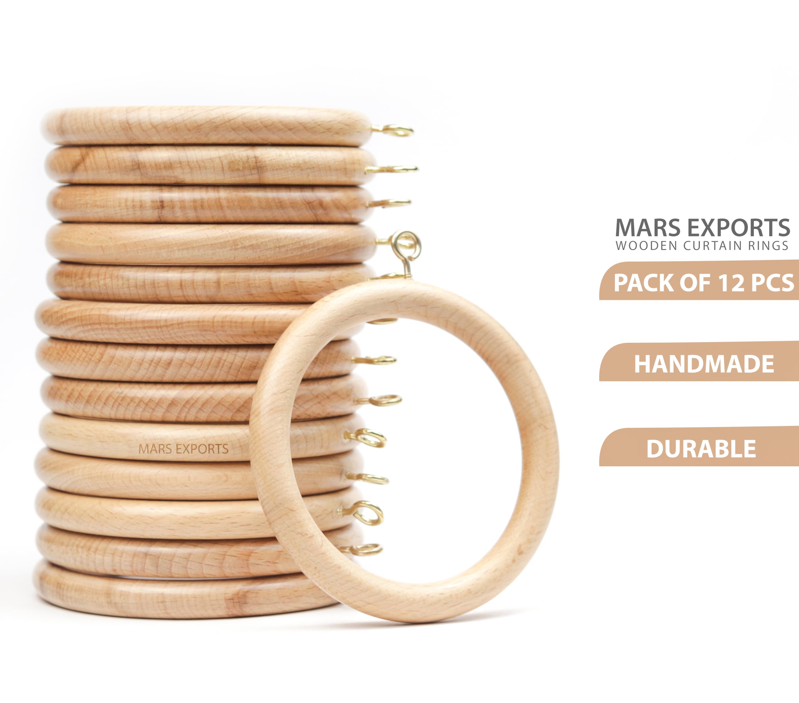 Handmade Wooden Drapery Rod Rings, Curtain Rod Rings, for 1-1.5 inch Curtain Rod Pole - Beech Wood (12, 2.7 INCH Inner Dia) - Image 2