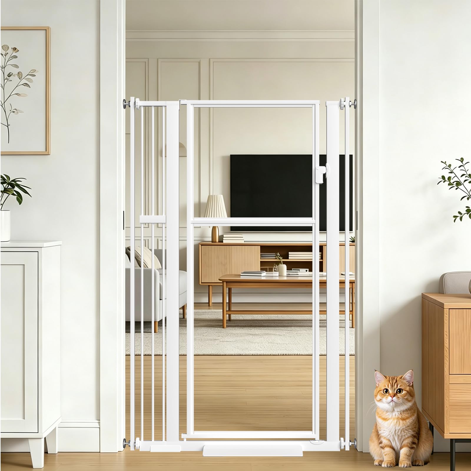 Xifamniy 142 cm Extra Tall Pet Gate Auto-Close Clear Tall Cat Gate 76-96 cm Wide Pressure Mounted Pet Gate for Stair Doorway Hallway White