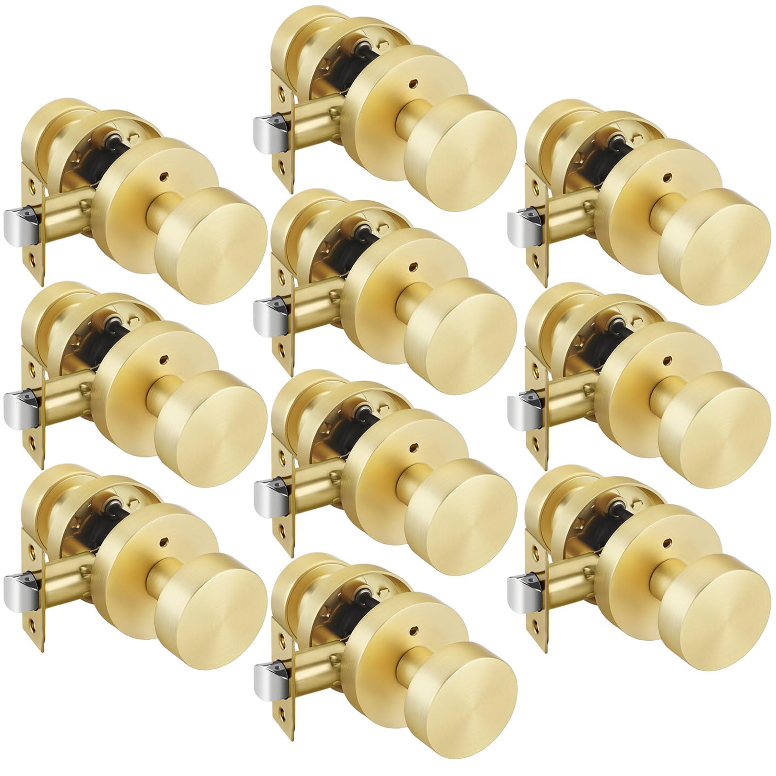 Goldenwarm Gold Door Knobs Interior Privacy, Zinc Alloy Keyless Brushed Gold Door Knobs for Bedroom Bathroom, Heavy Duty Interior Door Knob - Adjustable &amp; Reversible (10 Pack)