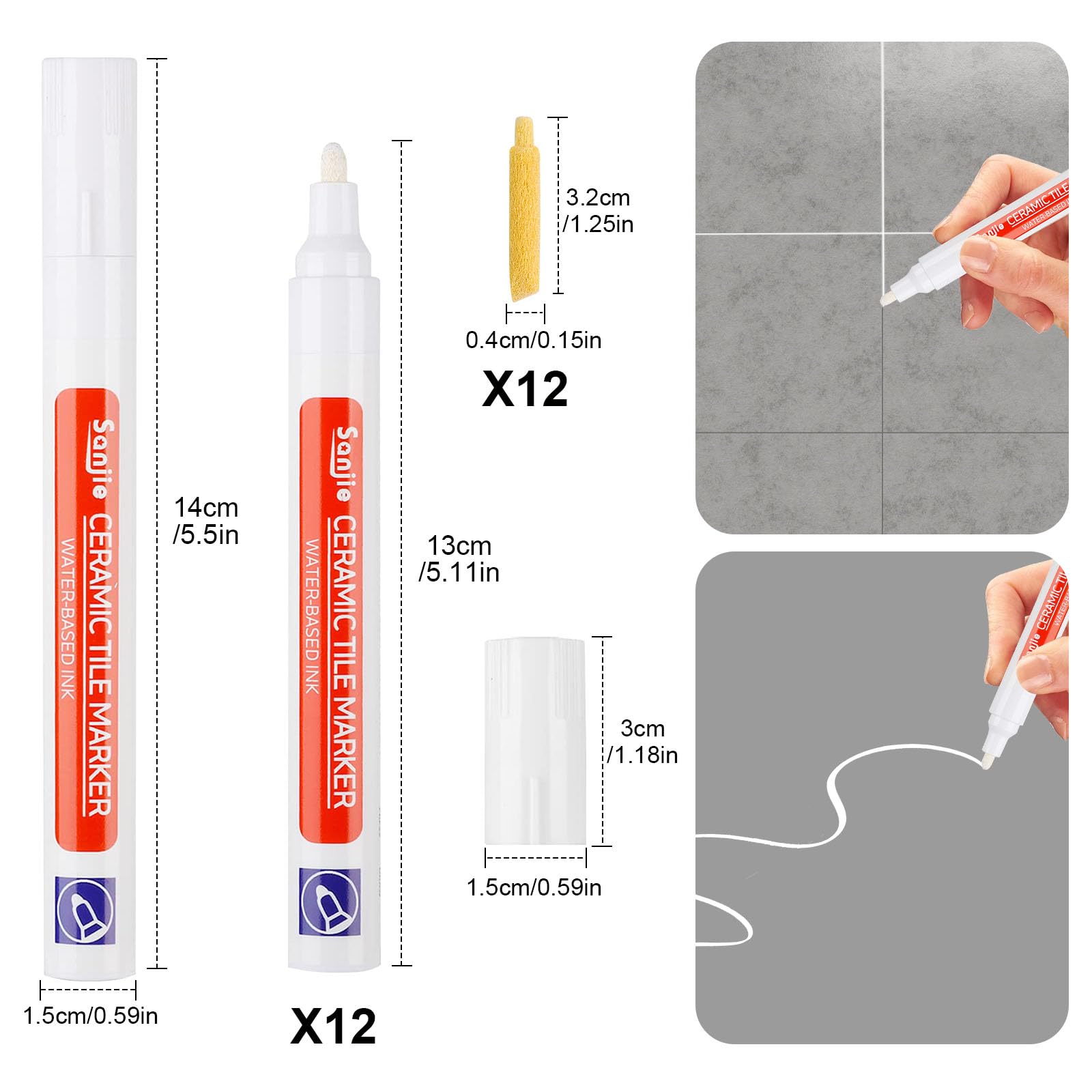 Sinofort Grout Pen White, 12 PCS Tile Pen for Tiles Bathroom Marker with Replacement Nib - Image 2