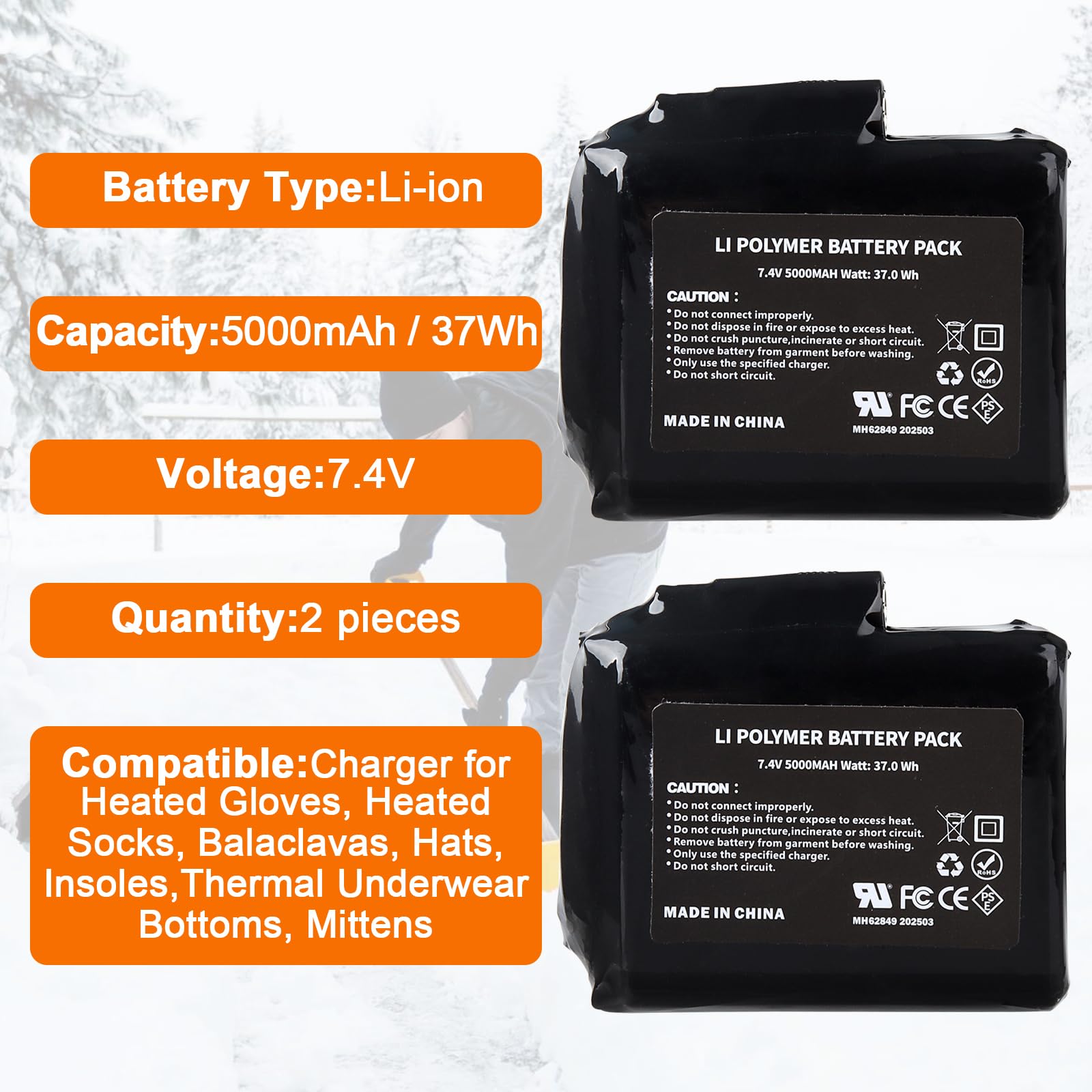 2Pcs 7.4V 5000mAh Baterías Recargables de Polímero de Litio de 37 WH con Cargador para Guantes, Calcetines, Pasamontañas, Gorros, Plantillas, Ropa Interior Térmica y Mitones