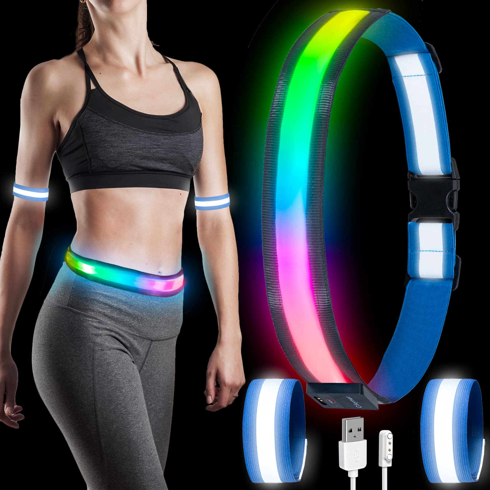 Cikyner USB Rechargeable Led Reflective Belt, Night Running Lights for Runners High Visibility Safety Gear for Running with Two Reflective Armbands, Ideal for Night Running, Cycling, Hiking, Jogging