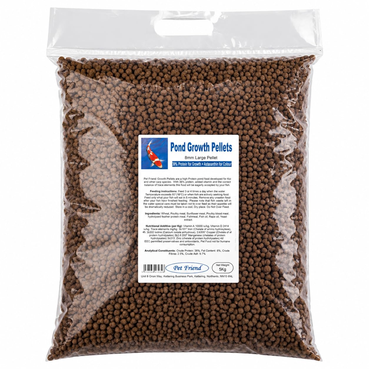 Pet Friend Growth Pellet 8mm Large Koi Food, 5kg | 38% High Protein Floating Pond Fish Food Pellets for Large Koi