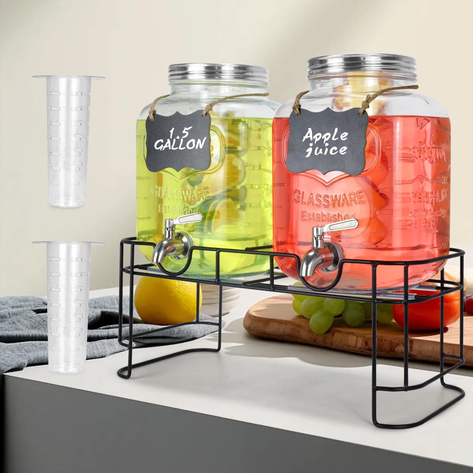DD&HAPP Getränkespender aus Glas für Partys, 2 Stück, 4,8 l Getränkespender, Glas-Getränkespender mit Ständer und Edelstahl-Zapfhahn, 100 % auslaufsicher. Limonadenspender mit Eiszylinder.