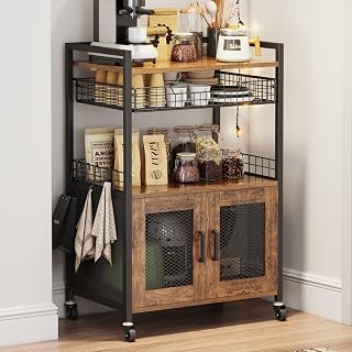 Hencawima 3-Tier Coffee Bar Cabinet on Wheels, 35.9"H Rolling Bar Cart with Wire Basket Drawer, Cabinet & 5 Hooks - Rustic Brown Kitchen Station