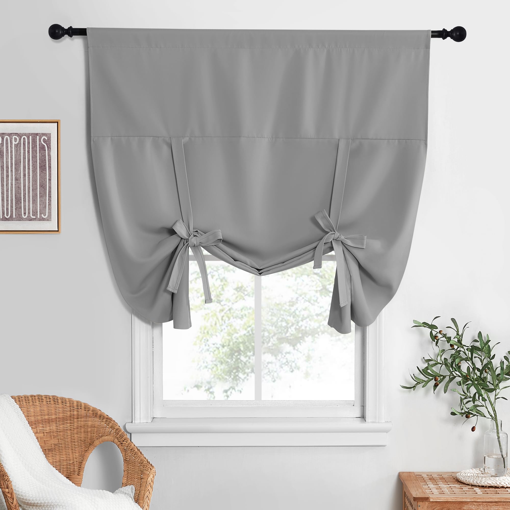 NICETOWN Rod Pocket Blackout Tie Up Curtains for Bedroom, Room Darkening Window Curtains for Living Room, Thermal Insulated Noise Reduction Solid Window Drapes, 1 Panel, 52x63 in, Silver Grey
