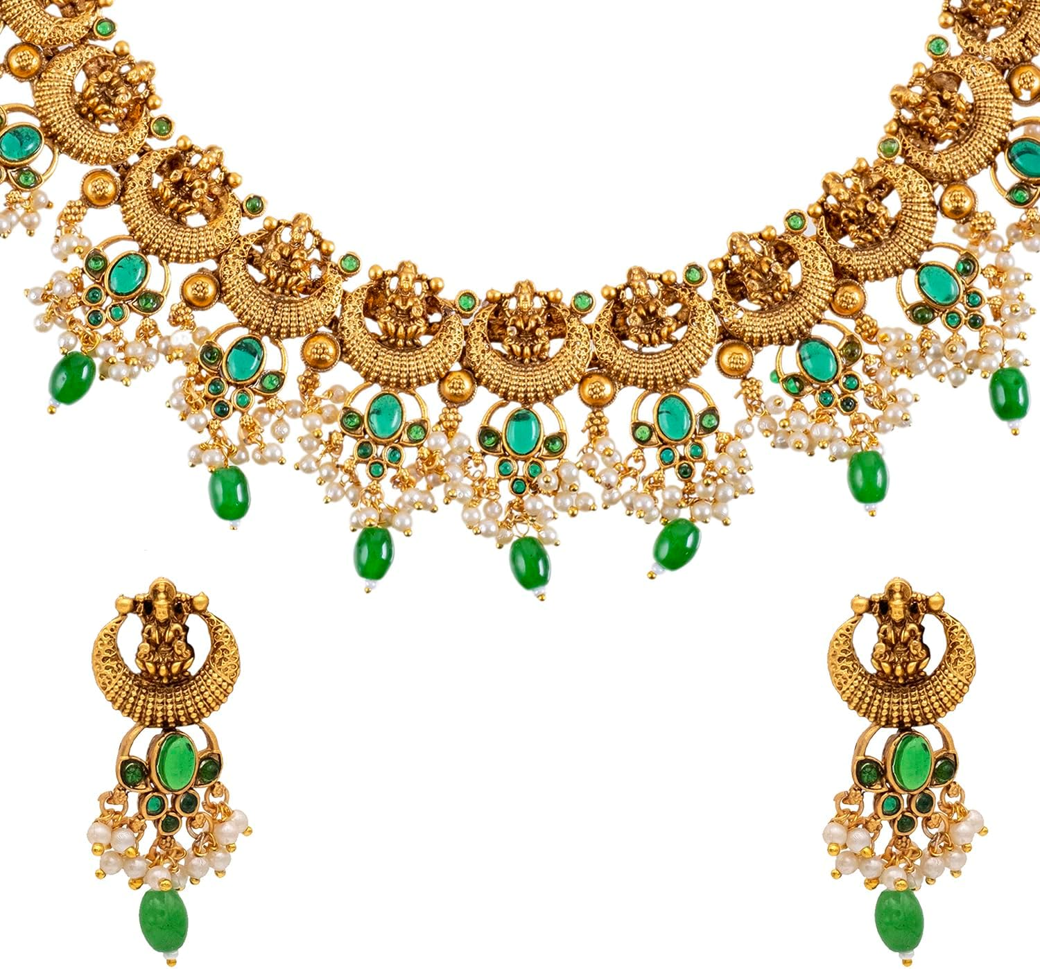 Bodha Gold Plated Traditional Indian Kundan, CZ, Studded Lakshmi Temple, Dori Necklace with Matching Earring Jewellery/Jewelry Set For Women